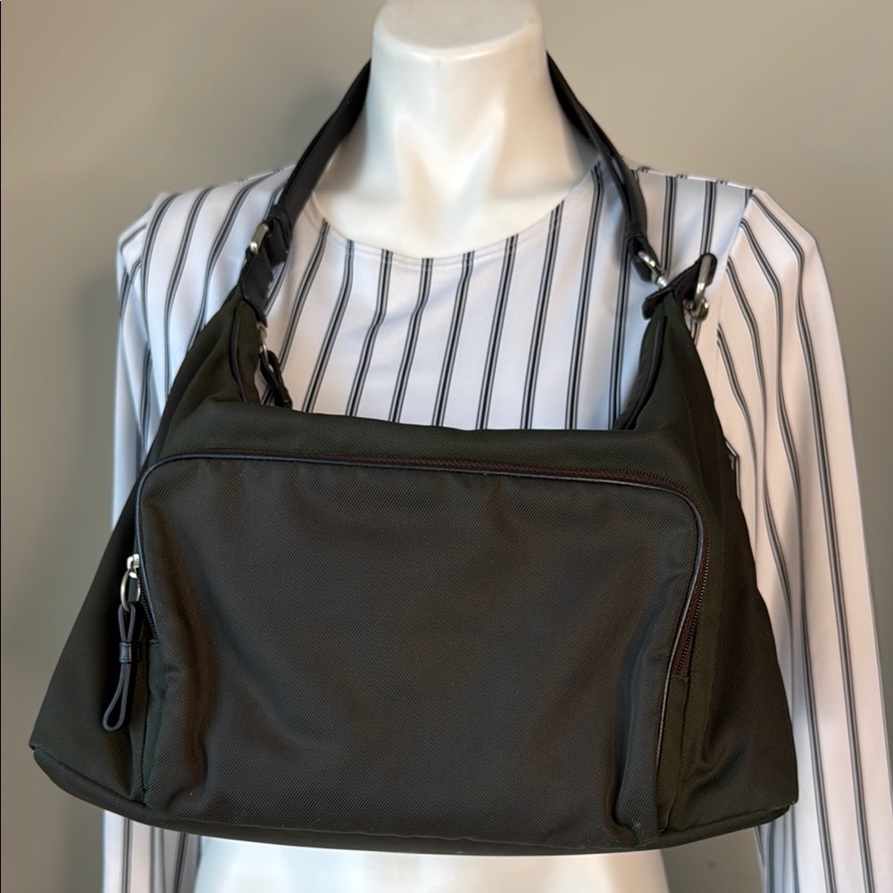 Darkest Green and Black Nylon Leather Detail COACH Mercer Hobo Shoulder Bag